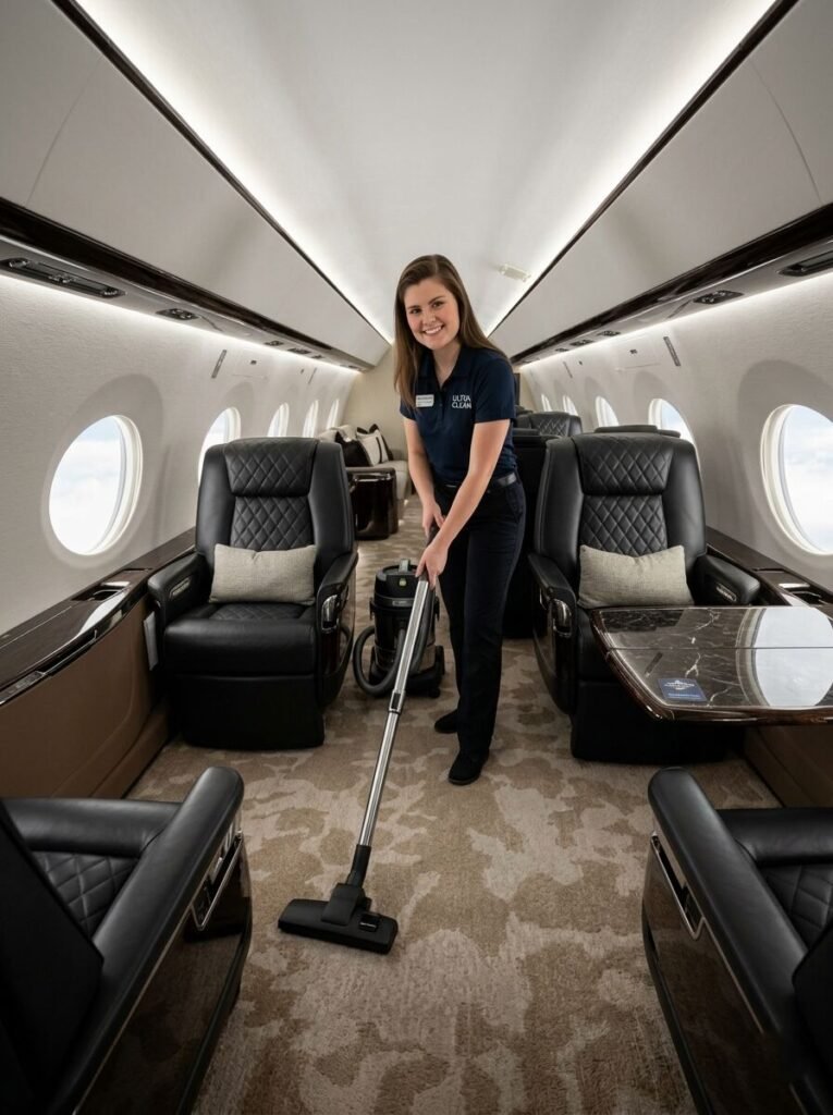 Detailing interior y aspirado de la cabina de un jet privado