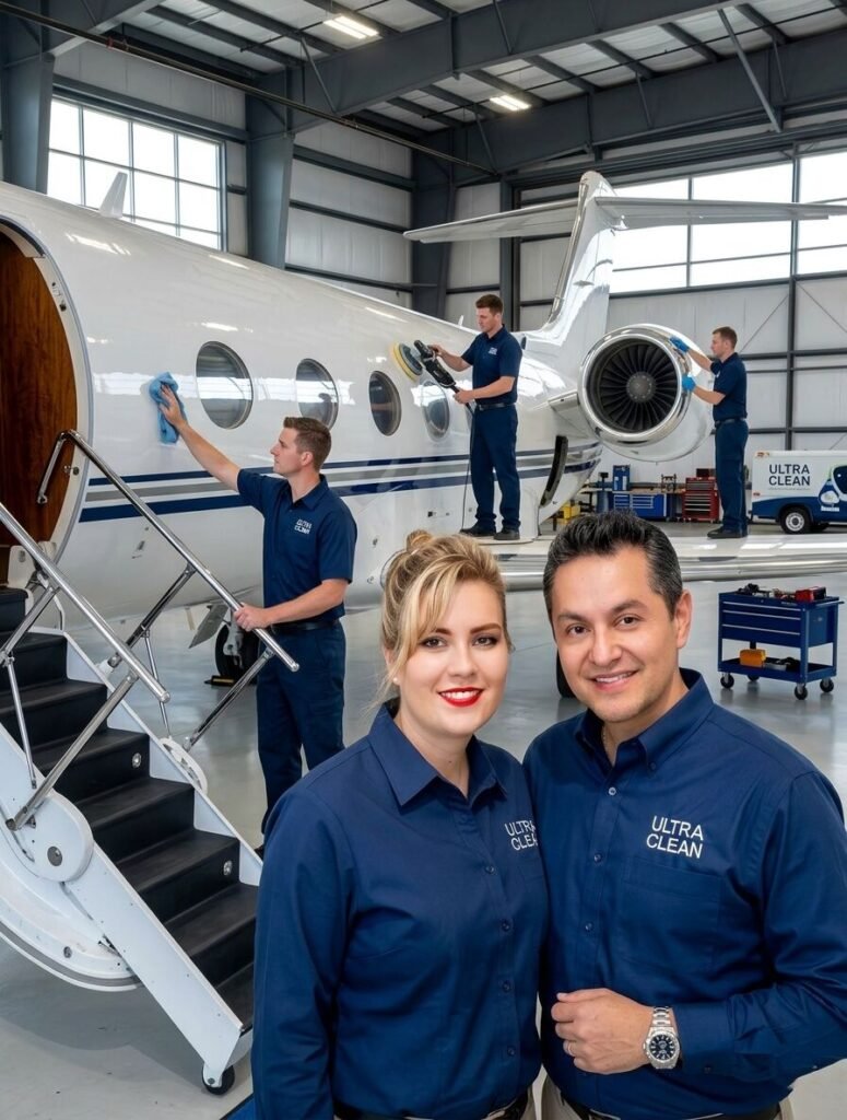 Equipo de Ultra Clean haciendo detailing de un jet privado en el hangar
